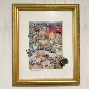 Whimsical Country Farm Animal Print Signed J Waldman Gold Frame Cottage Nursery